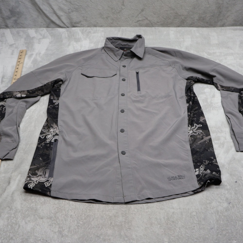 World Wide Sportsman Shirt Mens Medium Grey Camo Long Sleeve Hybrid Fishing